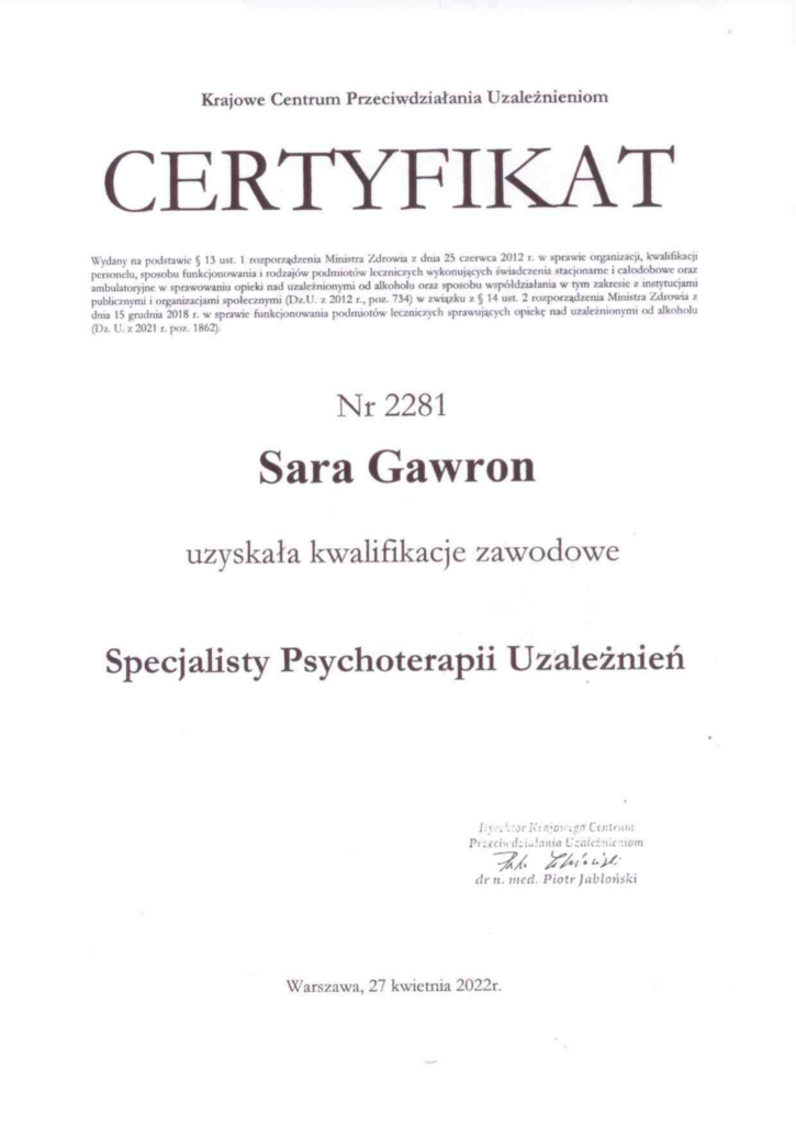 Dyplom psychoterapeuta uzależnień Sara Gawron