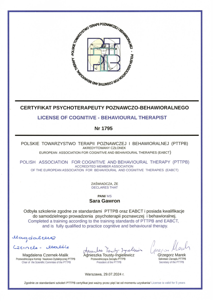 Dyplom psychoterapeuta Sara Gawron